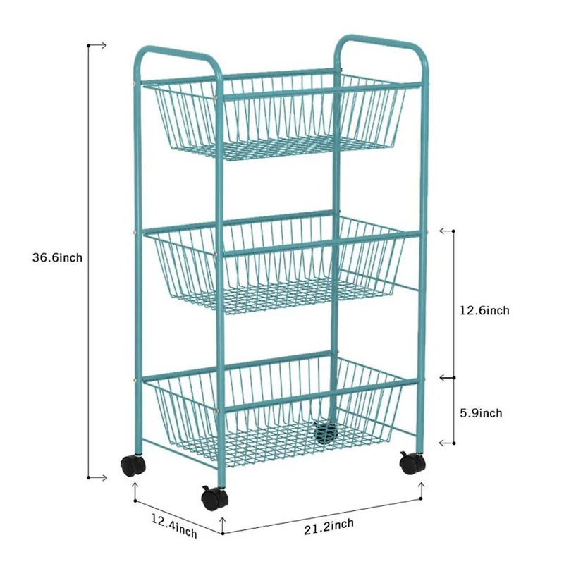 NEX™ Blue Large 3-Tier Rolling Basket Stand with Shelves & Wheels