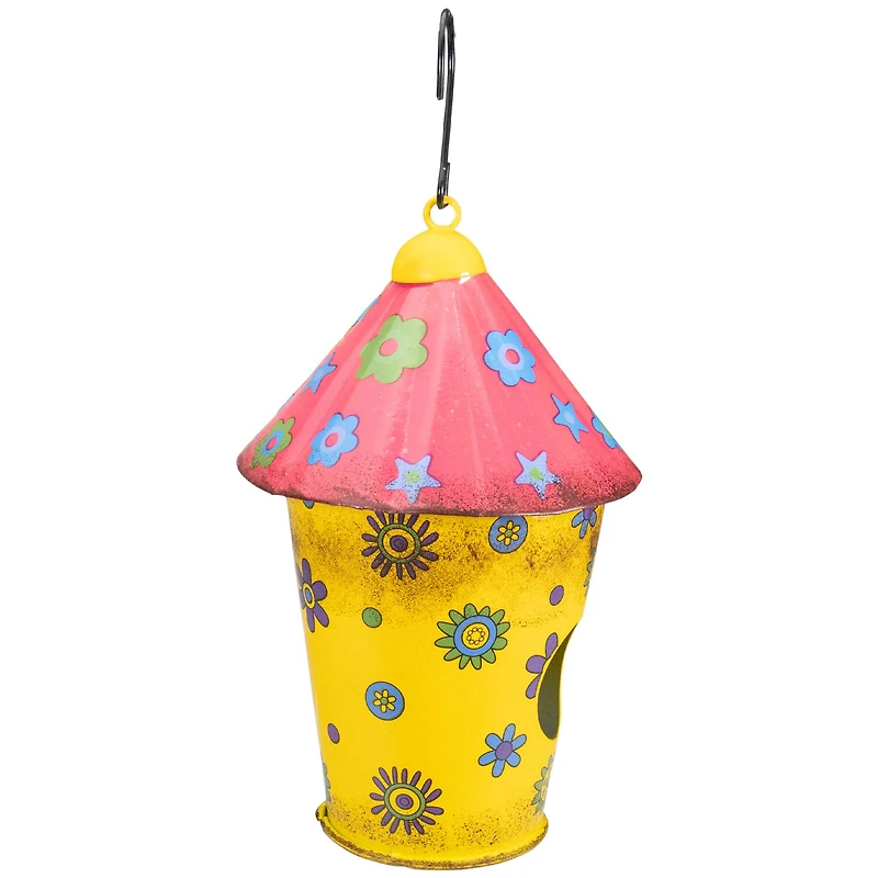 7.75" Red & Yellow Metal Birdhouse With Flowers