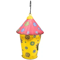 7.75" Red & Yellow Metal Birdhouse With Flowers