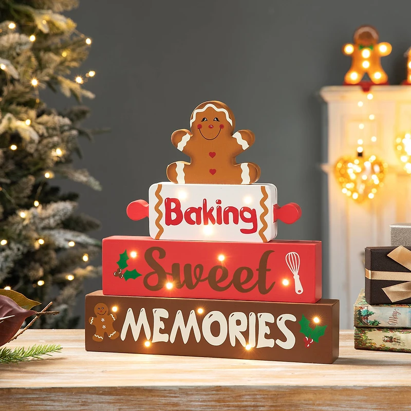 Glitzhome® 12" Lighted Wooden Christmas Gingerbread Man Block Table Décor