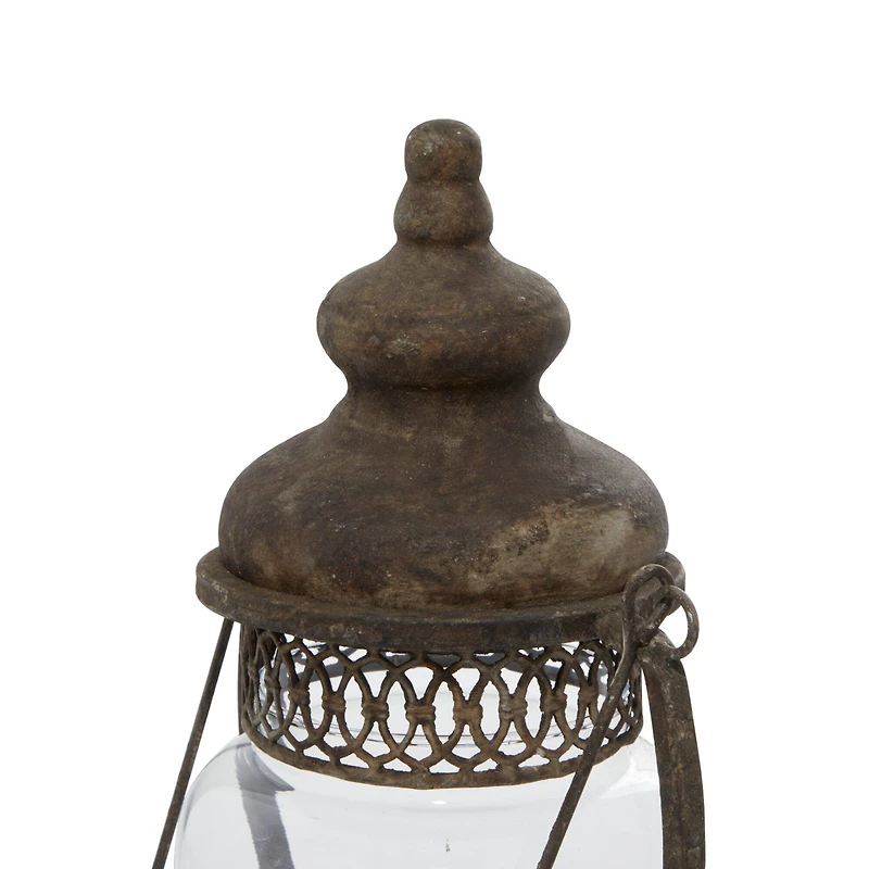 14" Brown Iron Rustic Candle Holder Lantern