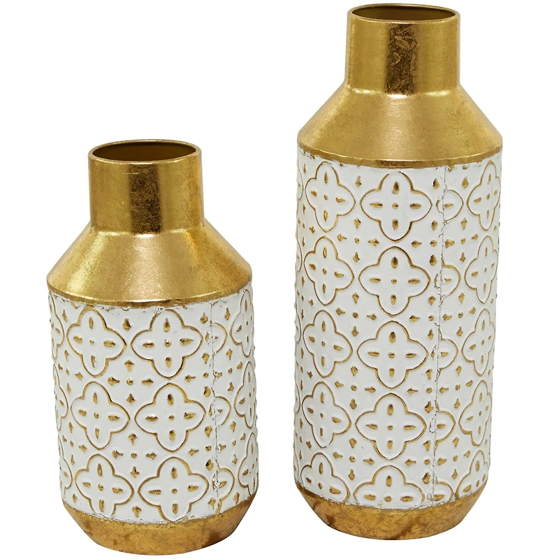 Gold Metal Handmade Embossed Quatrefoil Vase with Gold Detailing Set of 2 16", 12"