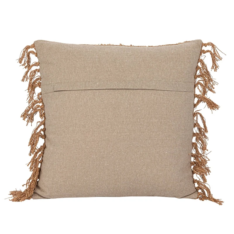 Hello Honey® 18" Beige Stonewashed Woven Cotton Slub Pillow with Pom Pom Trim & Fringe