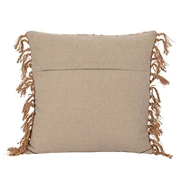 Hello Honey® 18" Beige Stonewashed Woven Cotton Slub Pillow with Pom Pom Trim & Fringe