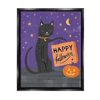 Stupell Industries Happy Halloween Black Cat Framed Floater Canvas Wall Art