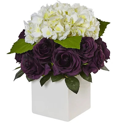 Hydrangea and Purple Rose Silk Arrangement in Ceramic Planter