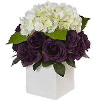 Hydrangea and Purple Rose Silk Arrangement in Ceramic Planter