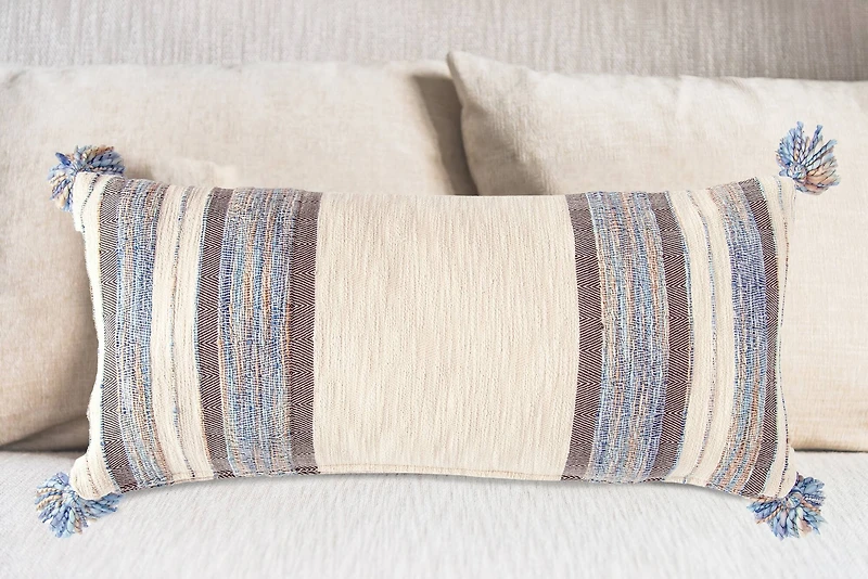 Hello Honey® Blue, Gray & Cream Striped Lumbar Pillow with Tassels