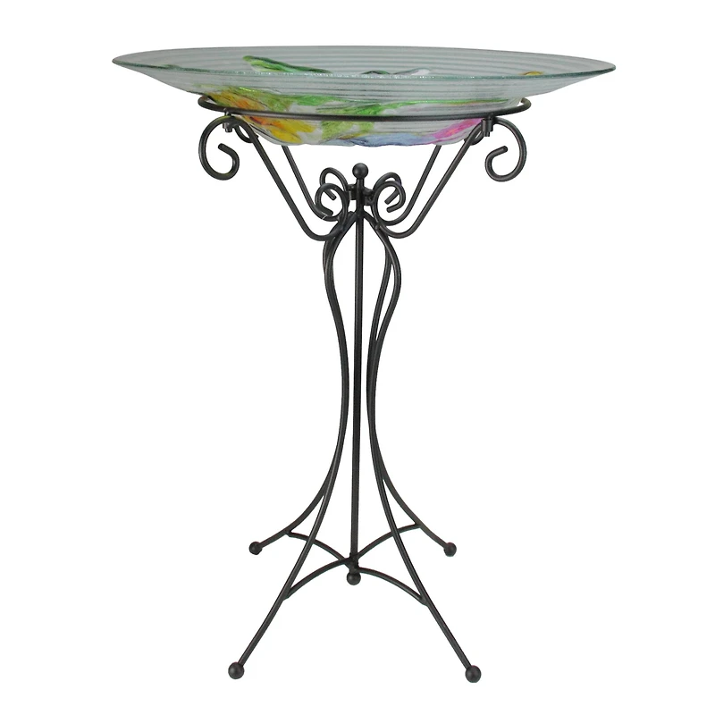 22.5" Hand Painted Glass Vibrant Hummingbird & Flowers Outdoor Garden Bird Bath