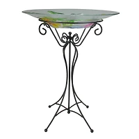 22.5" Hand Painted Glass Vibrant Hummingbird & Flowers Outdoor Garden Bird Bath