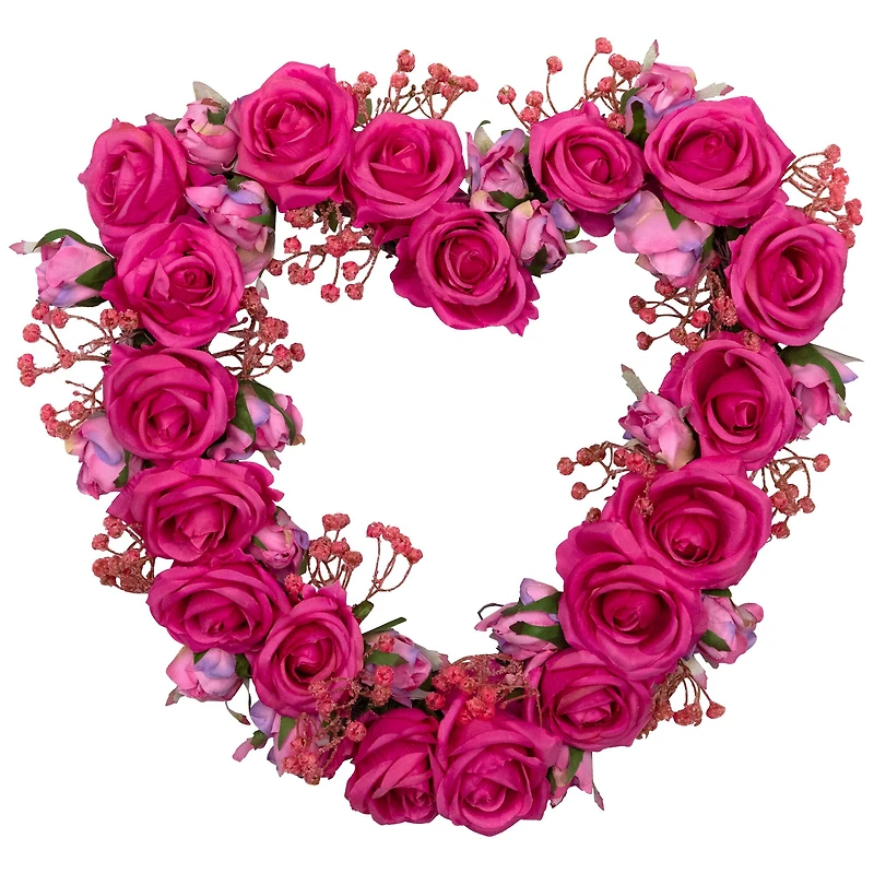 16" Pink Blooming Rose Buds Artificial Heart Shaped Valentine's Day Wreath