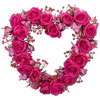 16" Pink Blooming Rose Buds Artificial Heart Shaped Valentine's Day Wreath