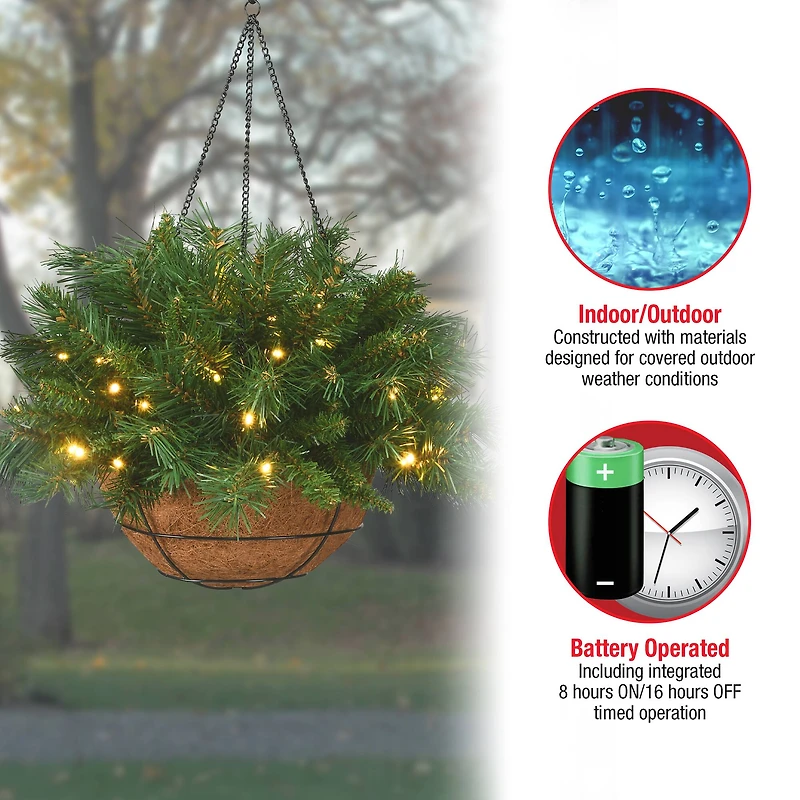 20" Tiffany Fir Hanging Basket With Warm White LED Battery Lights