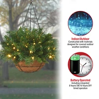 20" Tiffany Fir Hanging Basket With Warm White LED Battery Lights