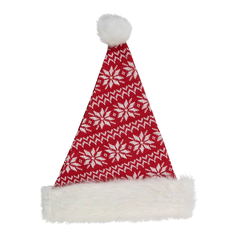 17" Red & White Nordic Snowflake Striped Santa Hat with Pom Pom