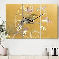 Designart 'Gold Bird On Blossoms Iii Farmhouse Multipanel Wall Clock