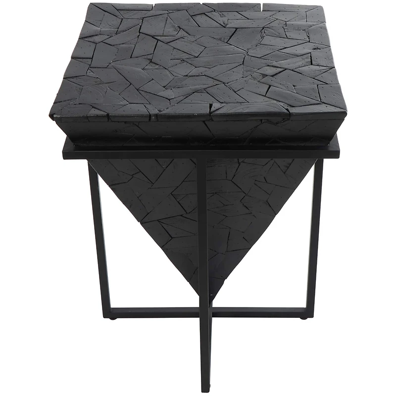 22" Black Teak Wood Geometric Handmade Inverted Pyramid Accent Table with Black Metal Base