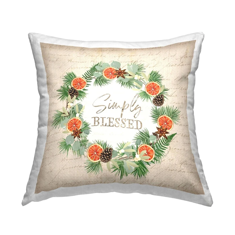 Stupell Industries Simply Blessed Rustic Pinecone Plant Wreath Throw Pillow, 18" x 18"