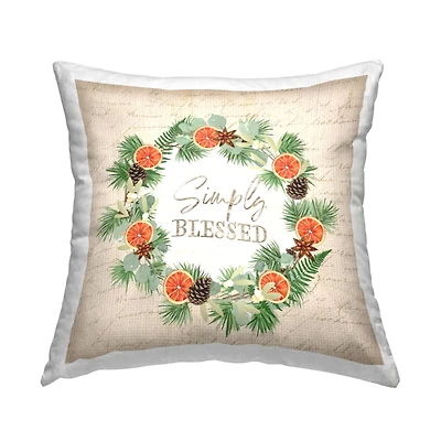Stupell Industries Simply Blessed Rustic Pinecone Plant Wreath Throw Pillow, 18" x 18"