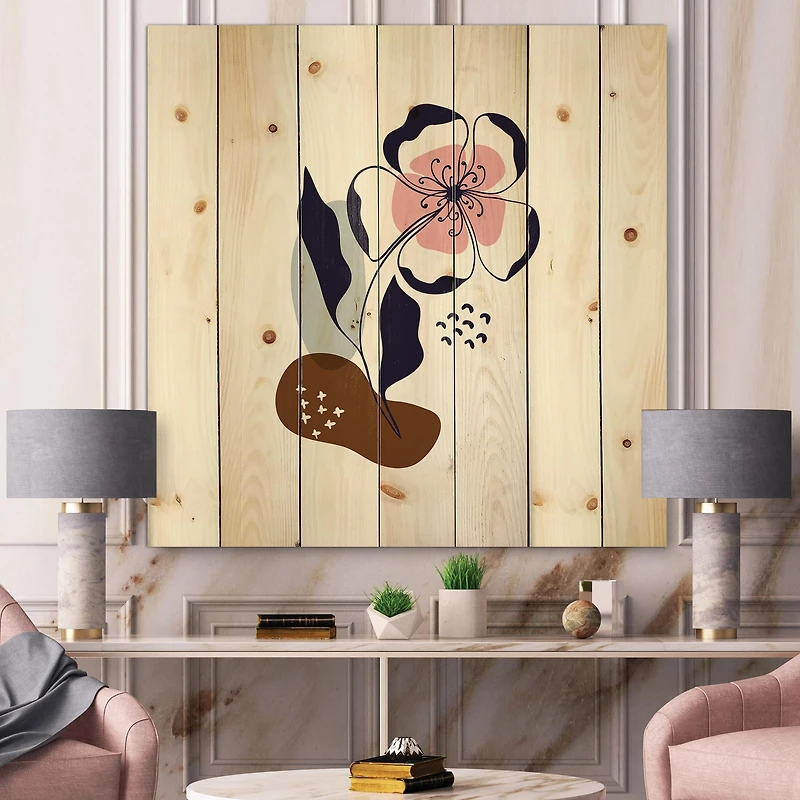 Designart - Abstract Flowers On Minimal Shapes IV - Modern Print on Natural Pine Wood