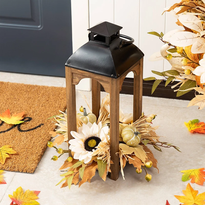 Glitzhome® 20" Fall Neutral Sunflower, Pumpkin and Leaf Wood Lantern Centerpiece