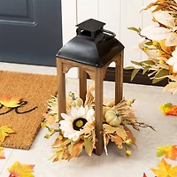 Glitzhome® 20" Fall Neutral Sunflower, Pumpkin and Leaf Wood Lantern Centerpiece