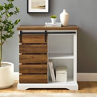 Walker Edison 32" Solid White & Reclaimed Wood Two-Tone Sliding Slat Door Accent Cabinet