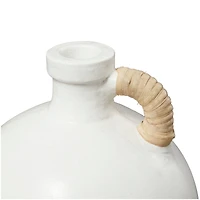 11" White Ceramic Jug Inspired Vase with Rattan Wrapped Handle