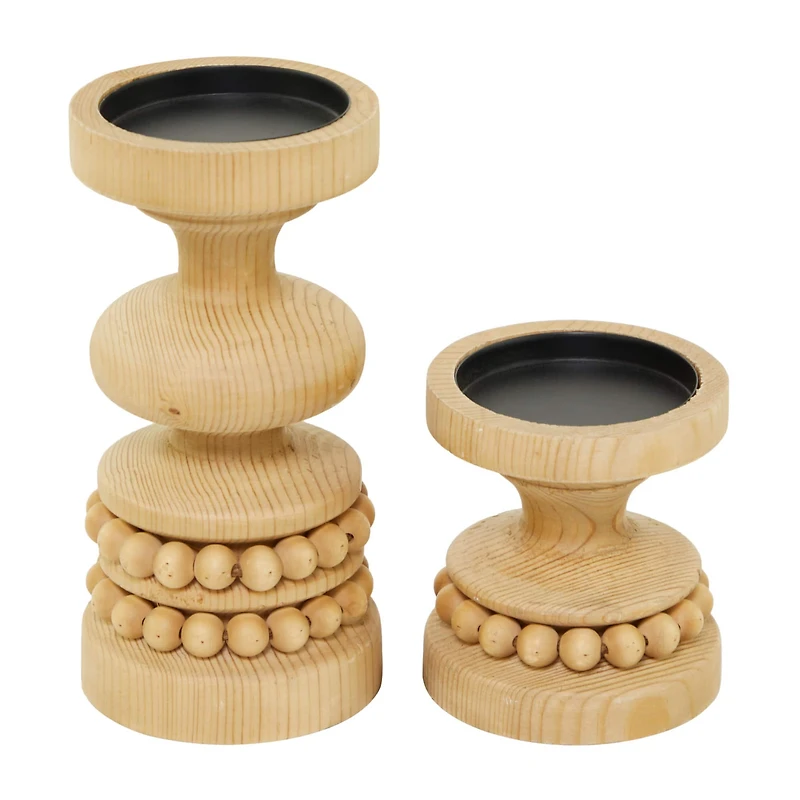 The Novogratz Brown Wood Beaded Pillar Candle Holder Set