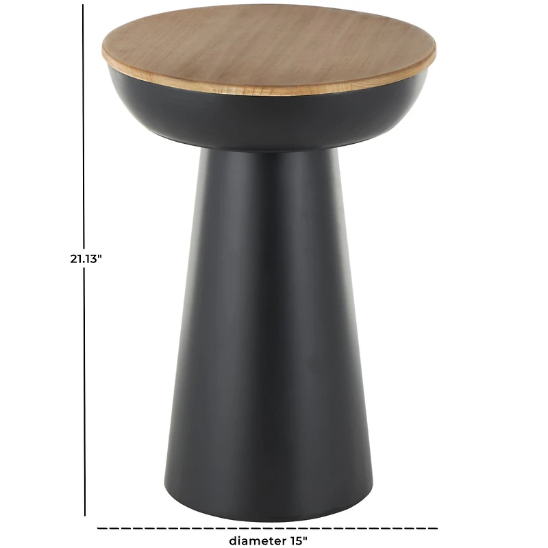 21" Black Metal Pedestal Accent Table with Brown Wood Tabletop