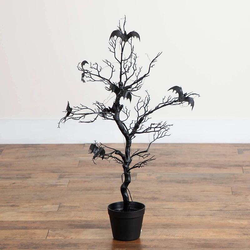 3ft. Pre-Lit Artificial Halloween Black Spooky Twig Tree with Bats and 100 Orange & Purple LED Lights