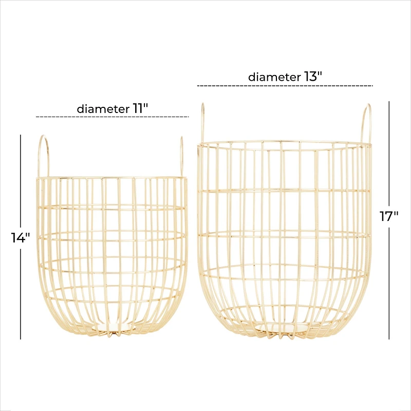Set of 2 Gold Iron Contemporary Storage Baskets, 17" x 11" x 11"