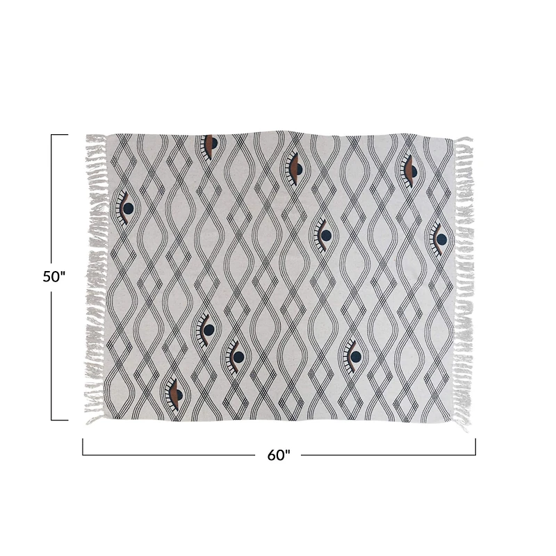 Hello Honey® Recycled Cotton Blend Printed Throw Blanket with Eye Pattern and Fringe, Cream and Brown