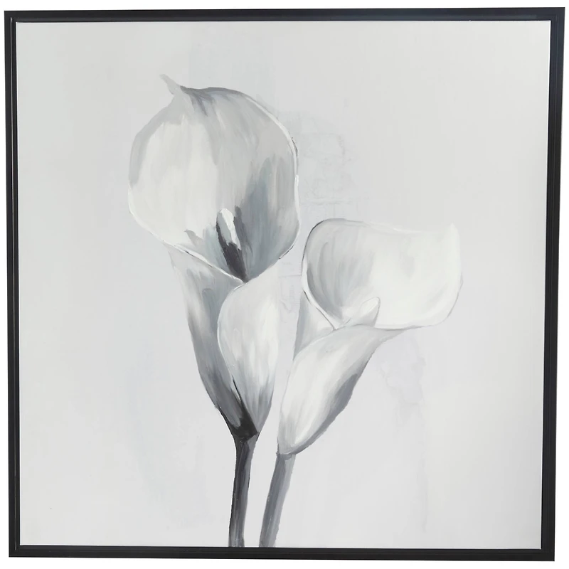 White Canvas Shaded Tulip Floral Framed Wall Art with Black Frame 37" x 1" x 37"