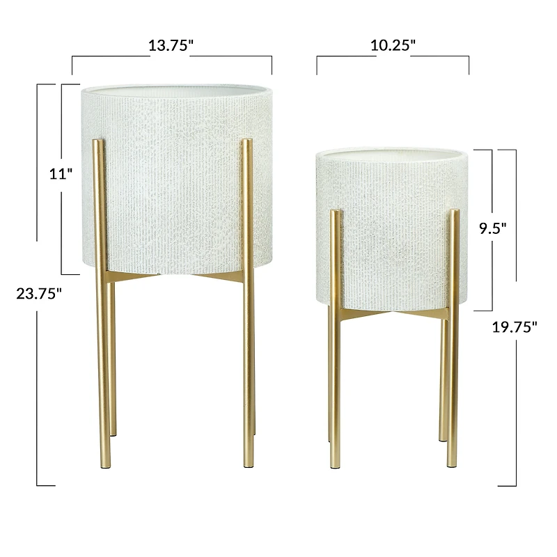 Hello Honey® White & Gold Boho Embossed Metal Planters with Stands Set