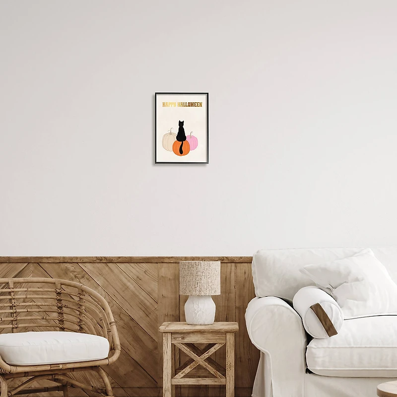 Stupell Industries Happy Halloween Black Cat Pumpkins Framed Giclee Art