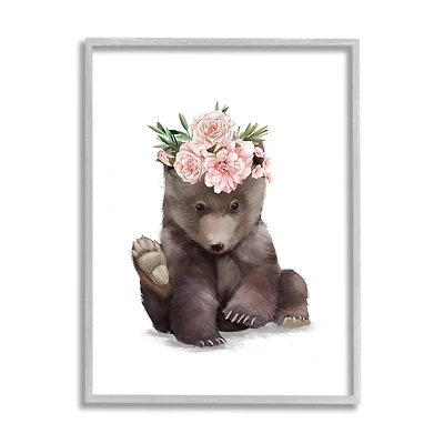 Stupell Industries Adorable Brown Bear Floral Crown Chic Forest Animal in Gray Frame Wall Art