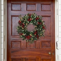 Haute Decor 24" Pre-Lit Holly, Pine & Berry Christmas Wreath, Soft White LED Lights