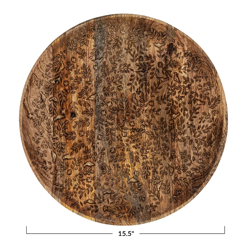 Hello Honey® 15.5" Round Mango Wood Tray with Laser Etched Botanicals