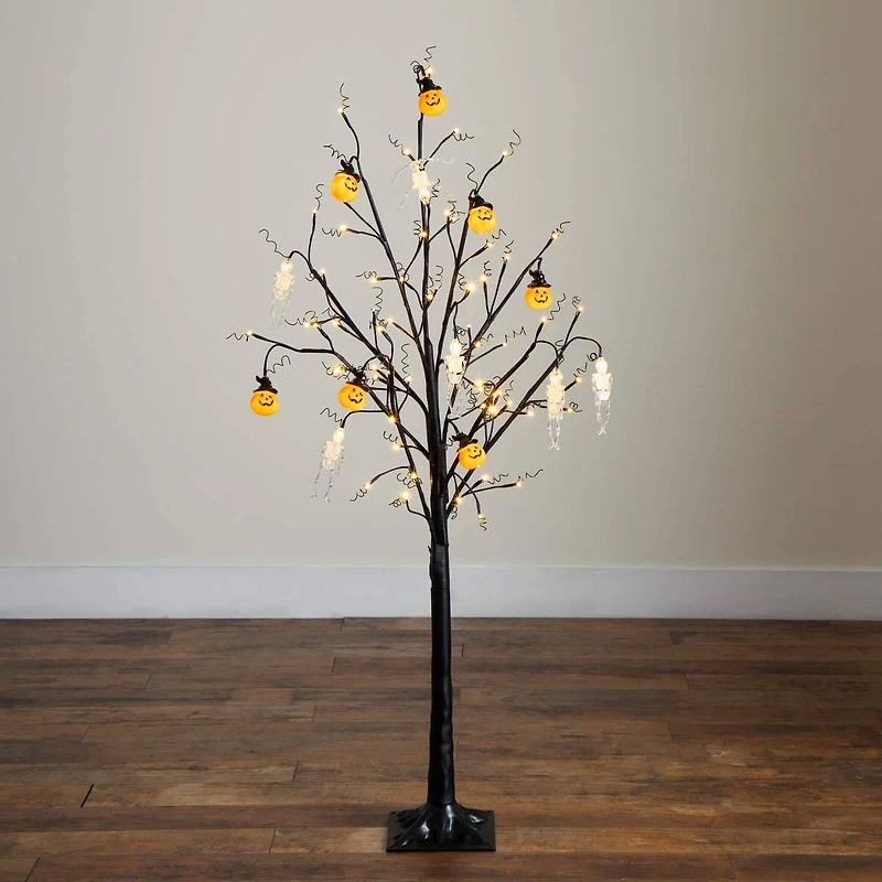 5ft. Pre-Lit Artificial Halloween Pumpkins and Skulls Ornament Tree with 72 Warm White LED Lights