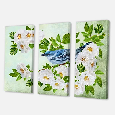 Designart - Little Blue Bird Sitting On A Branch of White Rose