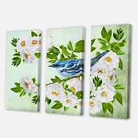 Designart - Little Blue Bird Sitting On A Branch of White Rose