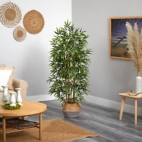 64" Bamboo Artificial Tree Natural Bamboo Trunks in Boho Chic Handmade Cotton & Jute Gray Woven Planter