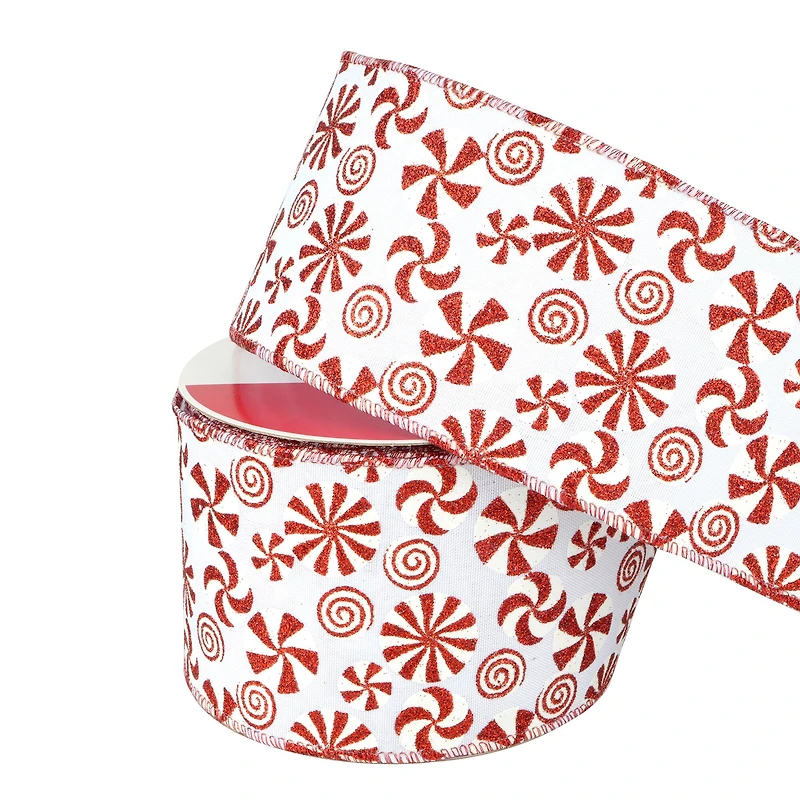 3.5" x 30ft. Red & White Peppermint Wired Glitter Ribbon by Celebrate It®