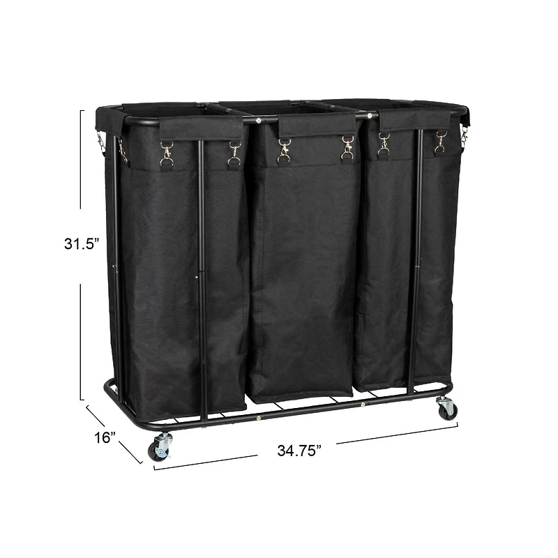 Household Essentials 34" Long Black 3-Bag Rolling Laundry Sorter