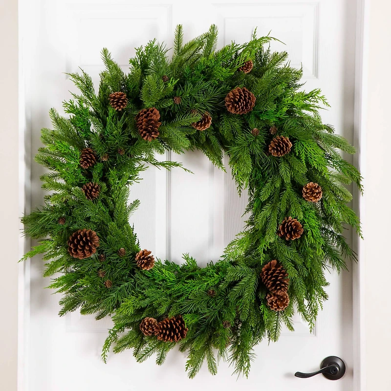 30in. Artificial Norfolk Mixed Pine Wreath with Pinecones