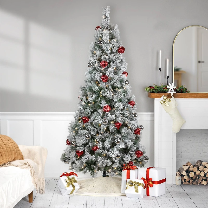 6ft. Pre-Lit Snowy Bristle Pine with Ornaments Artificial Christmas Tree, Clear Lights