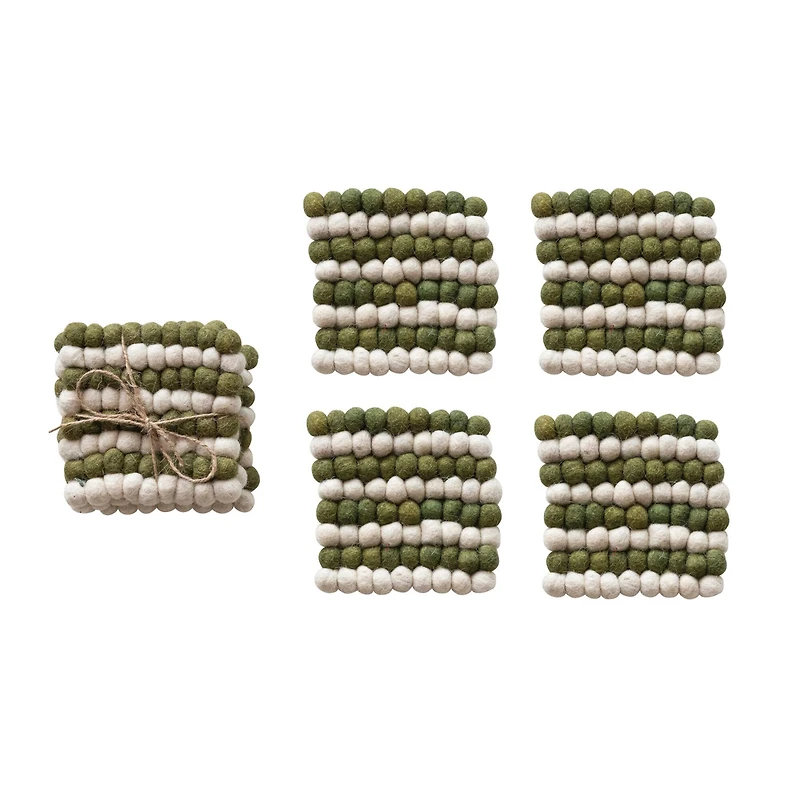 Hello Honey® 4" Cream & Green Handmade Wool Felt Ball Coasters, 4ct.