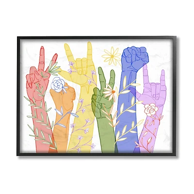 Stupell Industries Rainbow Peace Love Caring Hand Signs ASL Framed Wall Art