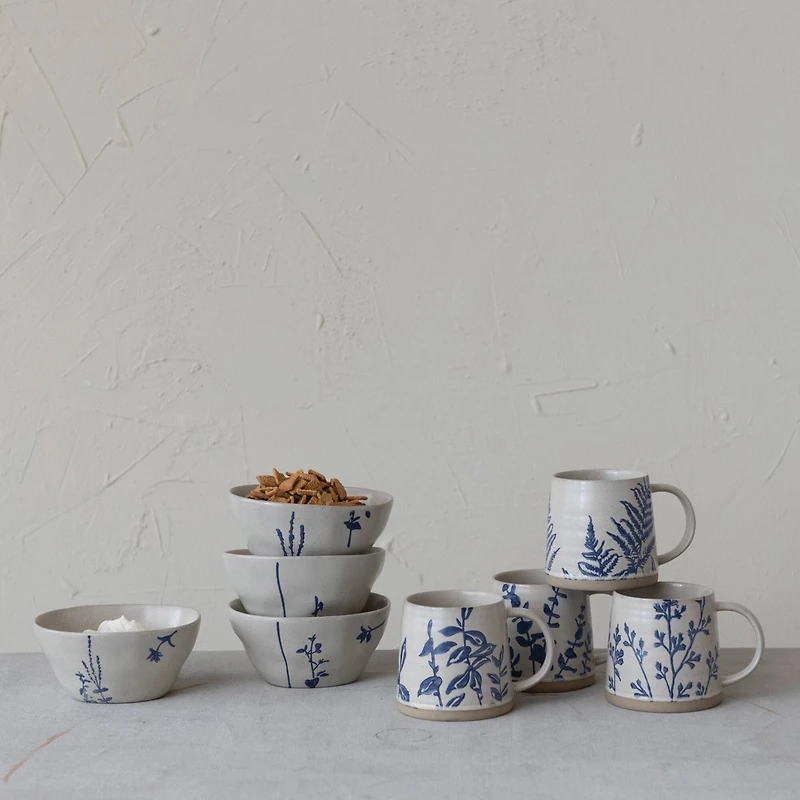 Hello Honey® Antique White & Blue Hand-Stamped Stoneware Bowl Set